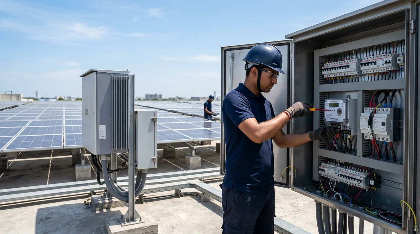 Close-up of a modern bidirectional smart electricity meter on the wall of an Indian commercial building, with rooftop solar panels in the soft-focus background.