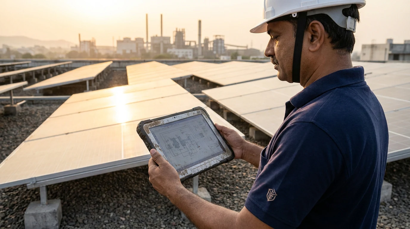 Solar EPC engineer reviewing system design options on a rooftop at golden hour.