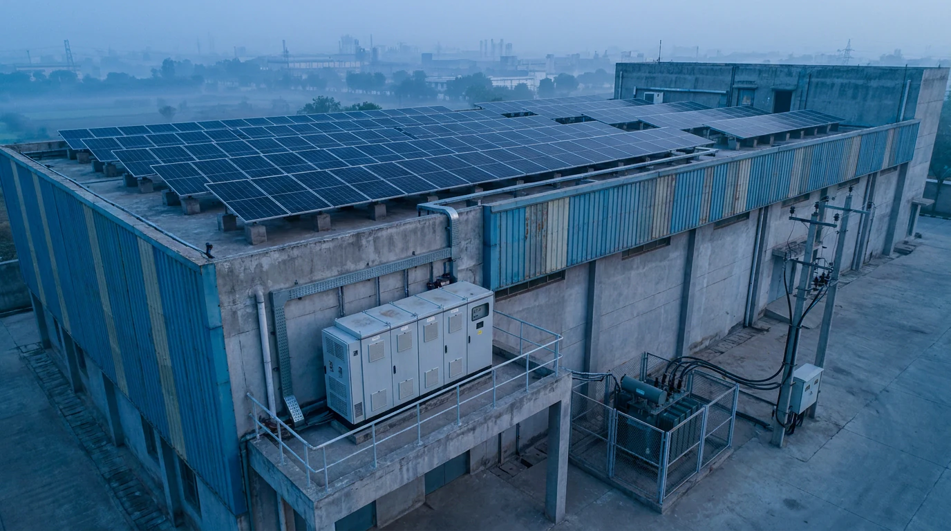 Hybrid solar system on a data centre rooftop — panels on the roof, battery cabinet on a lower platform, and grid connection running to the transformer.