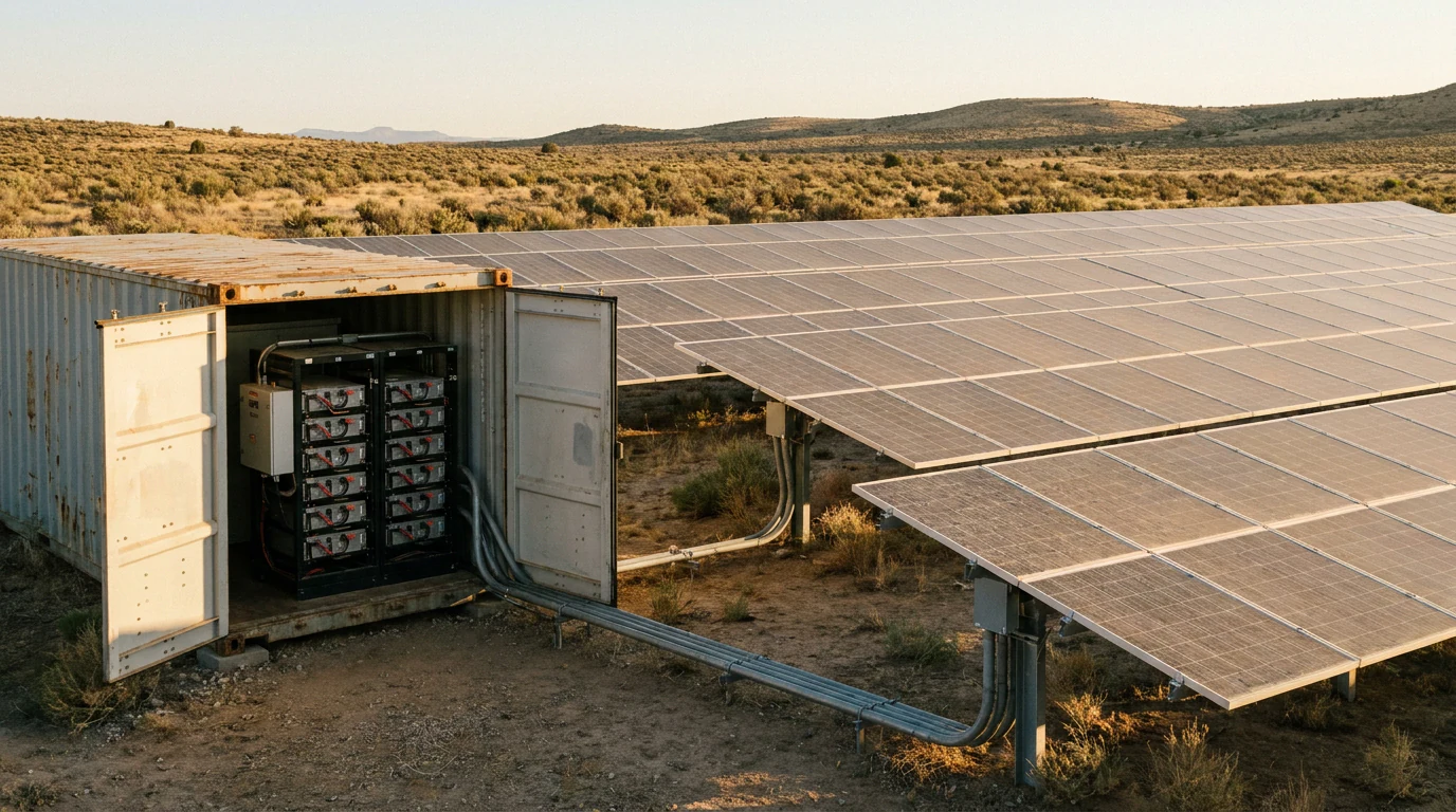 Off-grid ground-mounted solar with a nearby lithium battery bank at a remote industrial site in India.