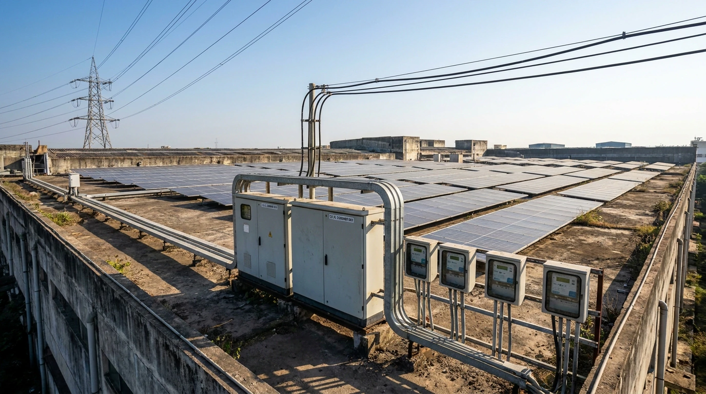On-grid commercial rooftop solar with net-metering equipment and grid connection lines running to the transformer at the roof edge.