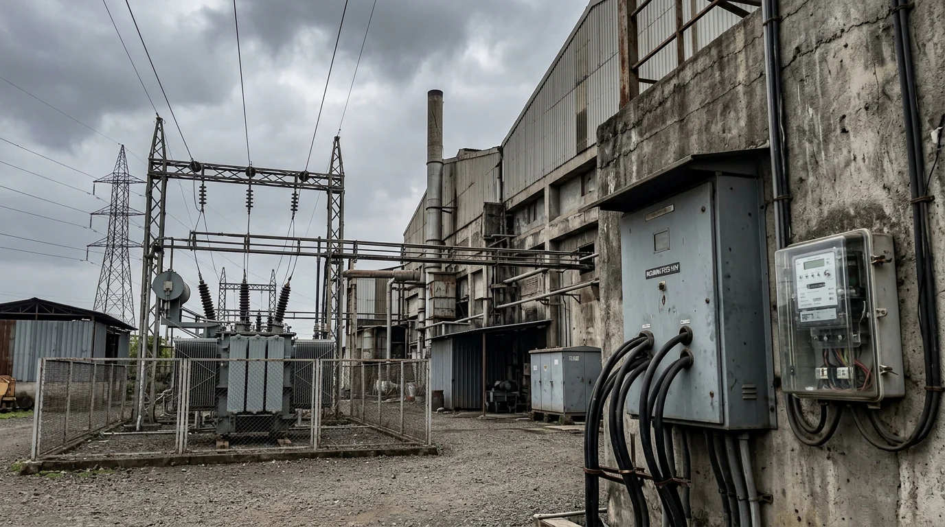 Indian industrial facility drawing power from the utility grid via overhead transmission lines and a substation transformer.