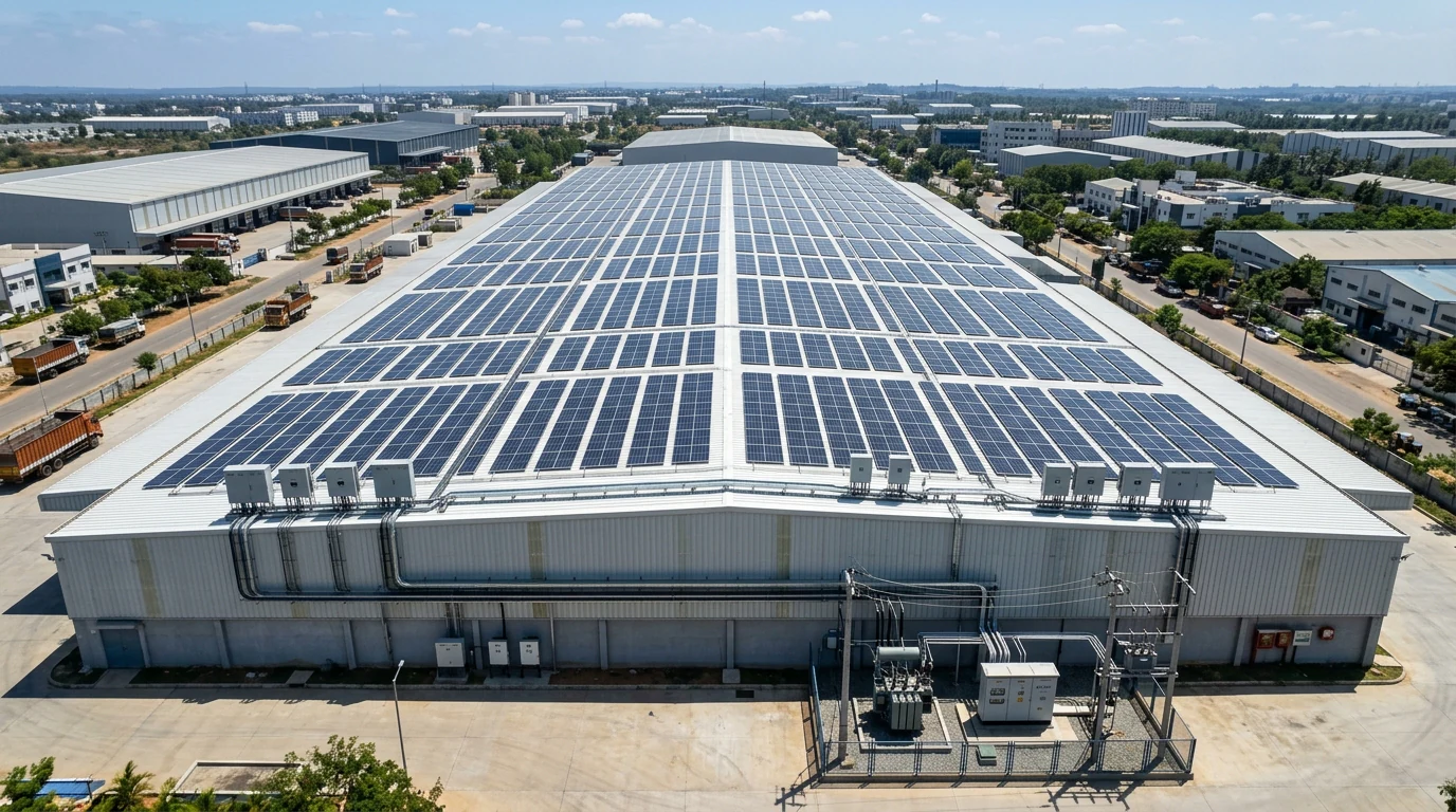 Aerial view of a large Indian commercial warehouse rooftop fully covered with monocrystalline solar panels connected to the grid via net metering.