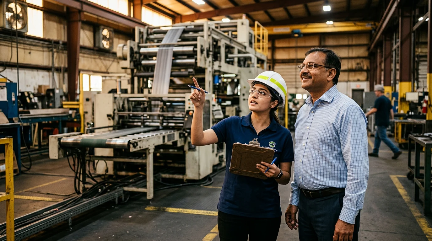 Indian factory owner and a solar engineer on the shop floor discussing energy cost savings.