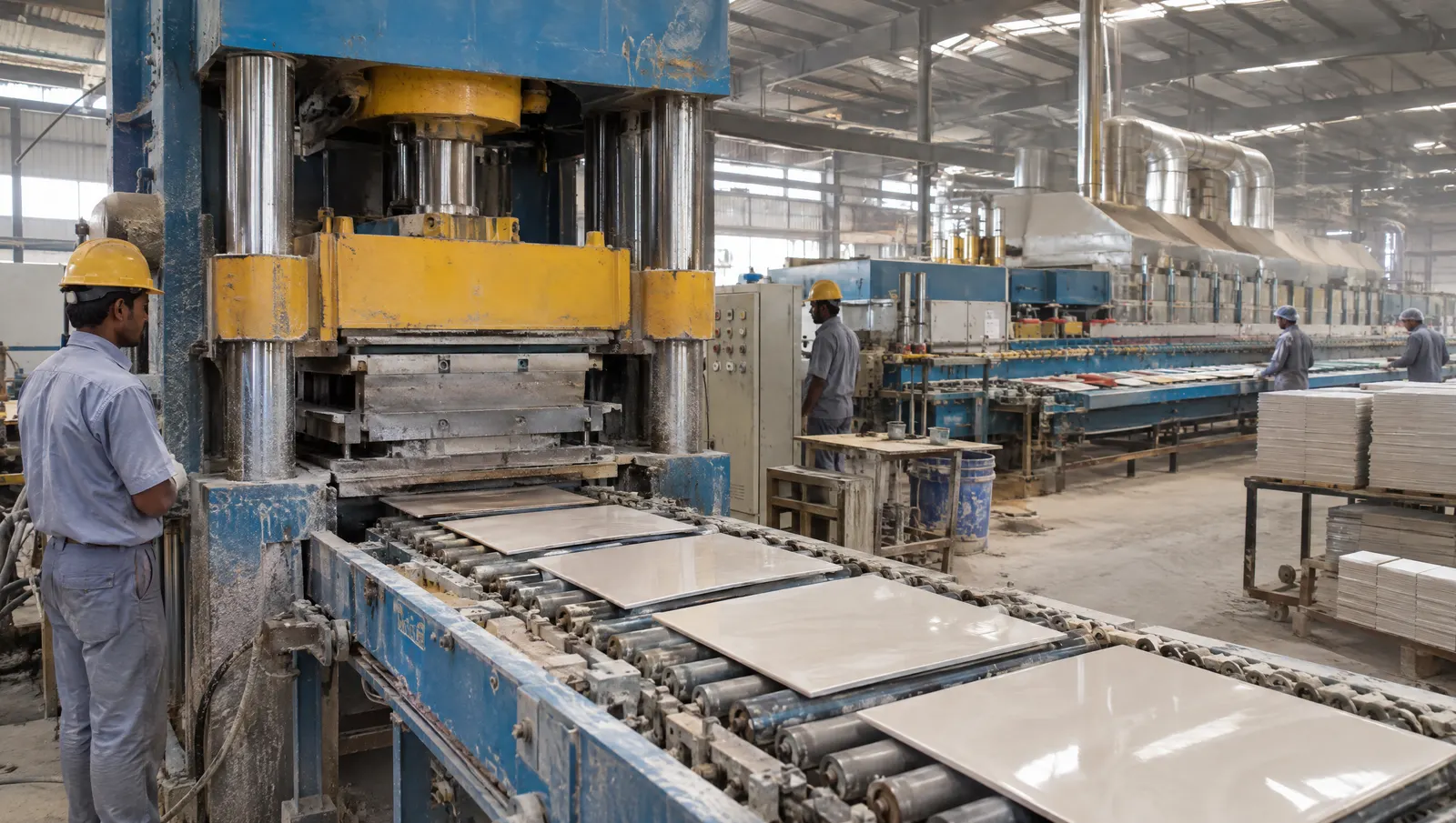 Hydraulic tile press feeding a roller conveyor inside an Indian ceramic plant, one of the electrical loads solar can offset.