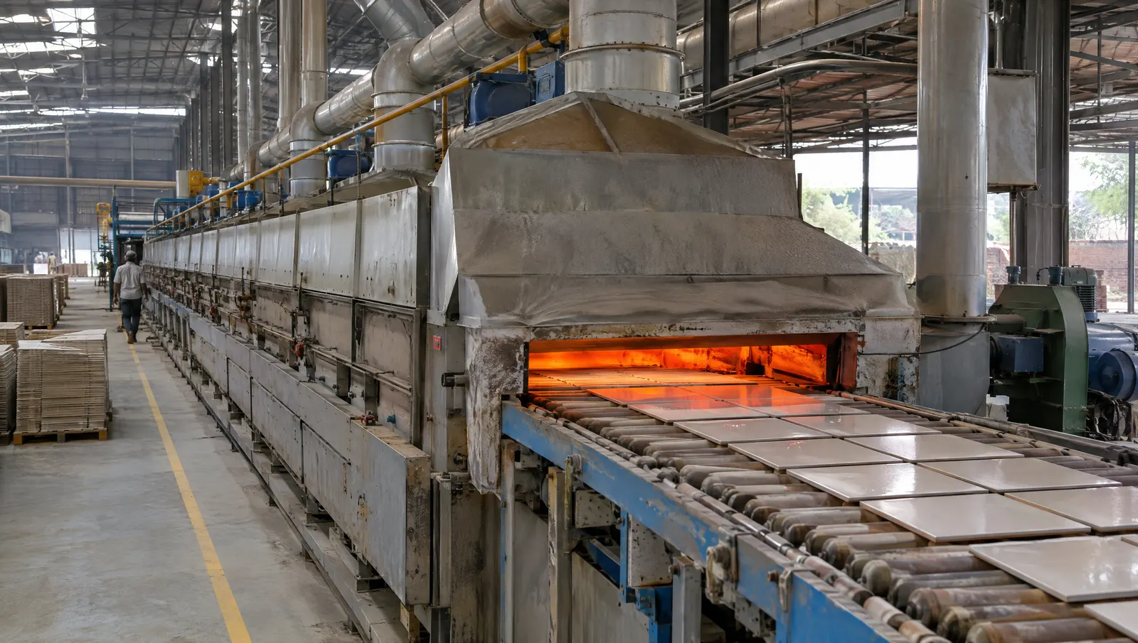 Roller kiln line in an Indian tile factory. Kilns run on gas, so solar is sized against the plant's electrical load only.