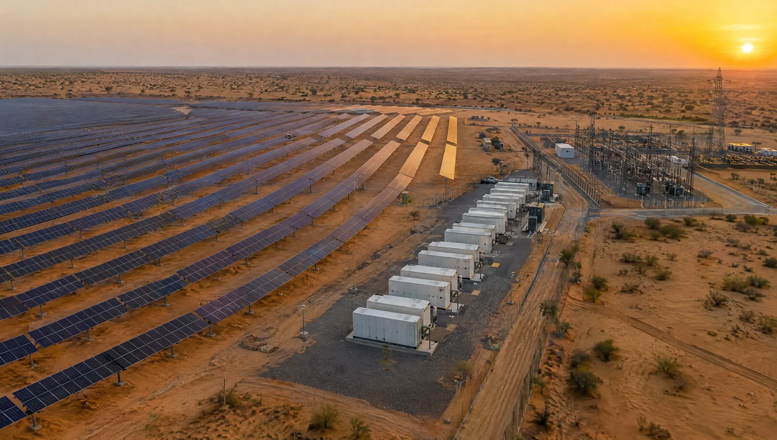 Off-site ground-mounted solar plant with containerised battery storage and a pooling substation in Rajasthan.