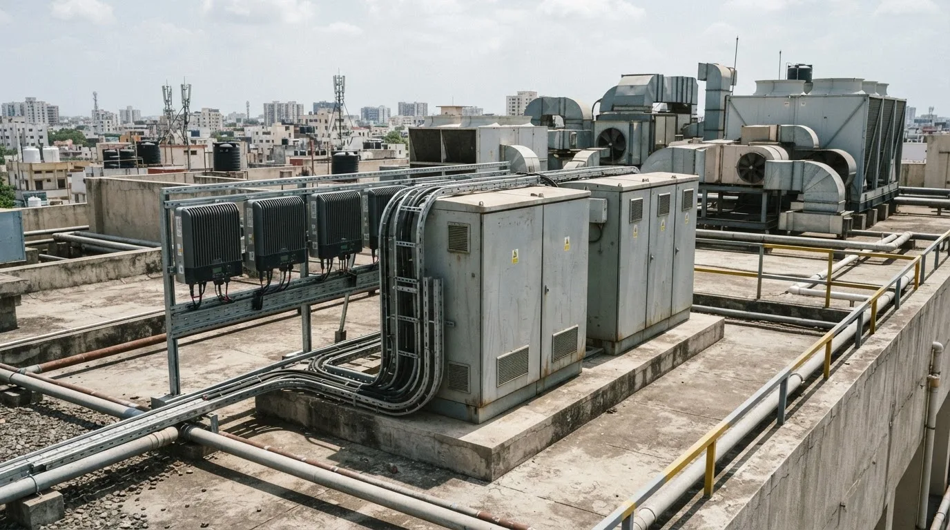 Hybrid solar system on a large commercial rooftop with battery storage cabinets alongside PV panels.