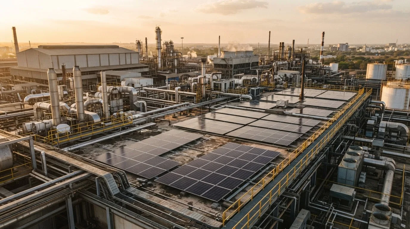 Solar panels installed on a large industrial rooftop where custom engineering is required to work around vents and piping.