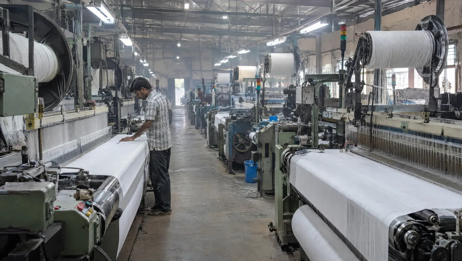 Air-jet looms weaving fabric in an Indian weaving shed that runs across day and night shifts.