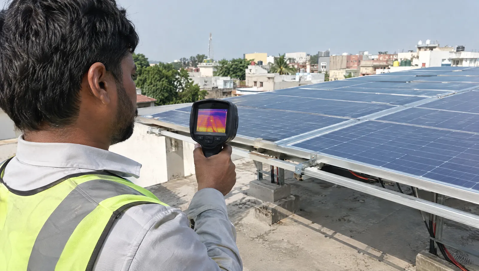 Technician scanning a rooftop solar array with a handheld thermal camera to find hotspots, a core predictive maintenance task.