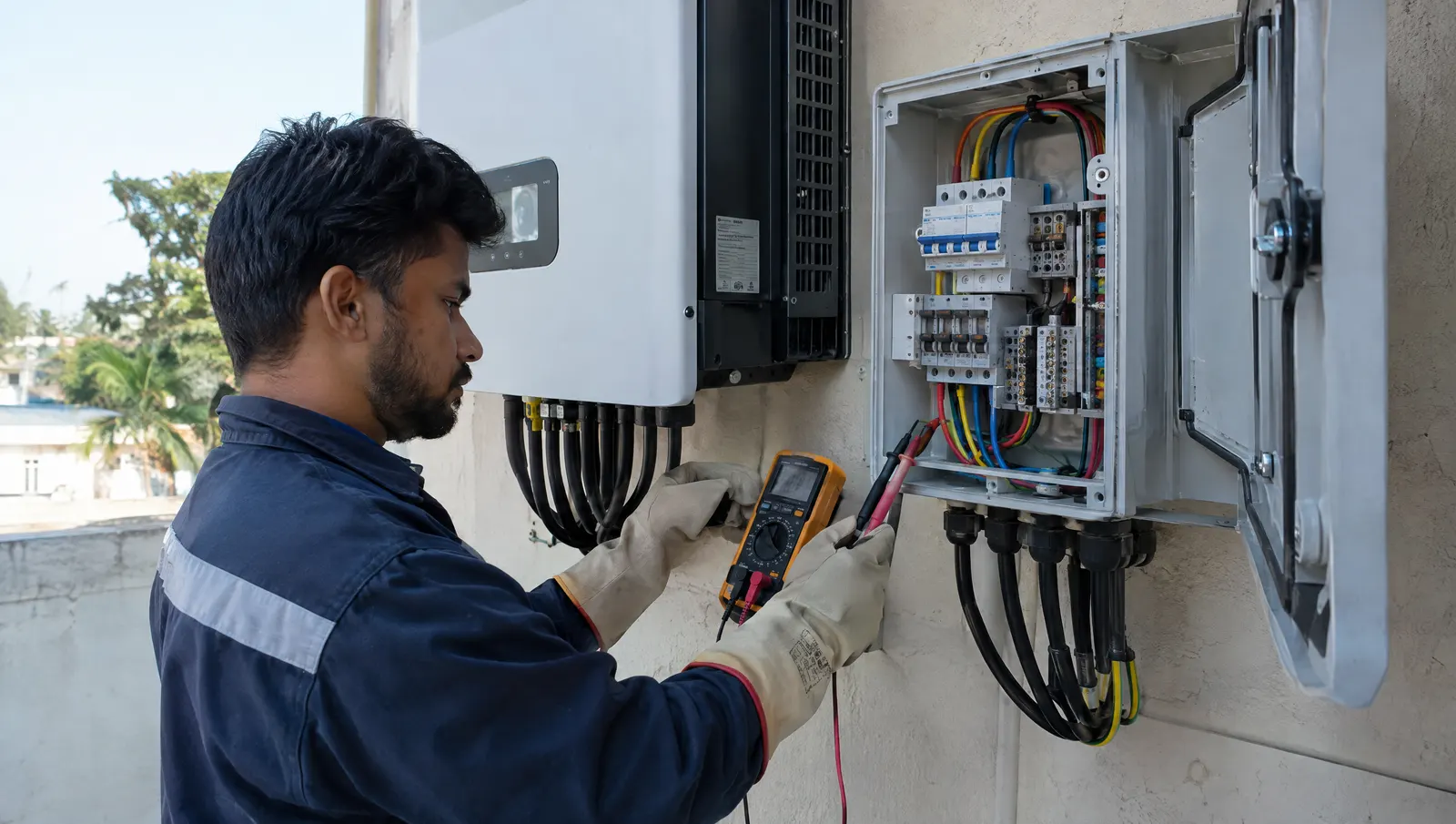 Technician in insulated gloves servicing a string inverter and its AC distribution box with a multimeter.