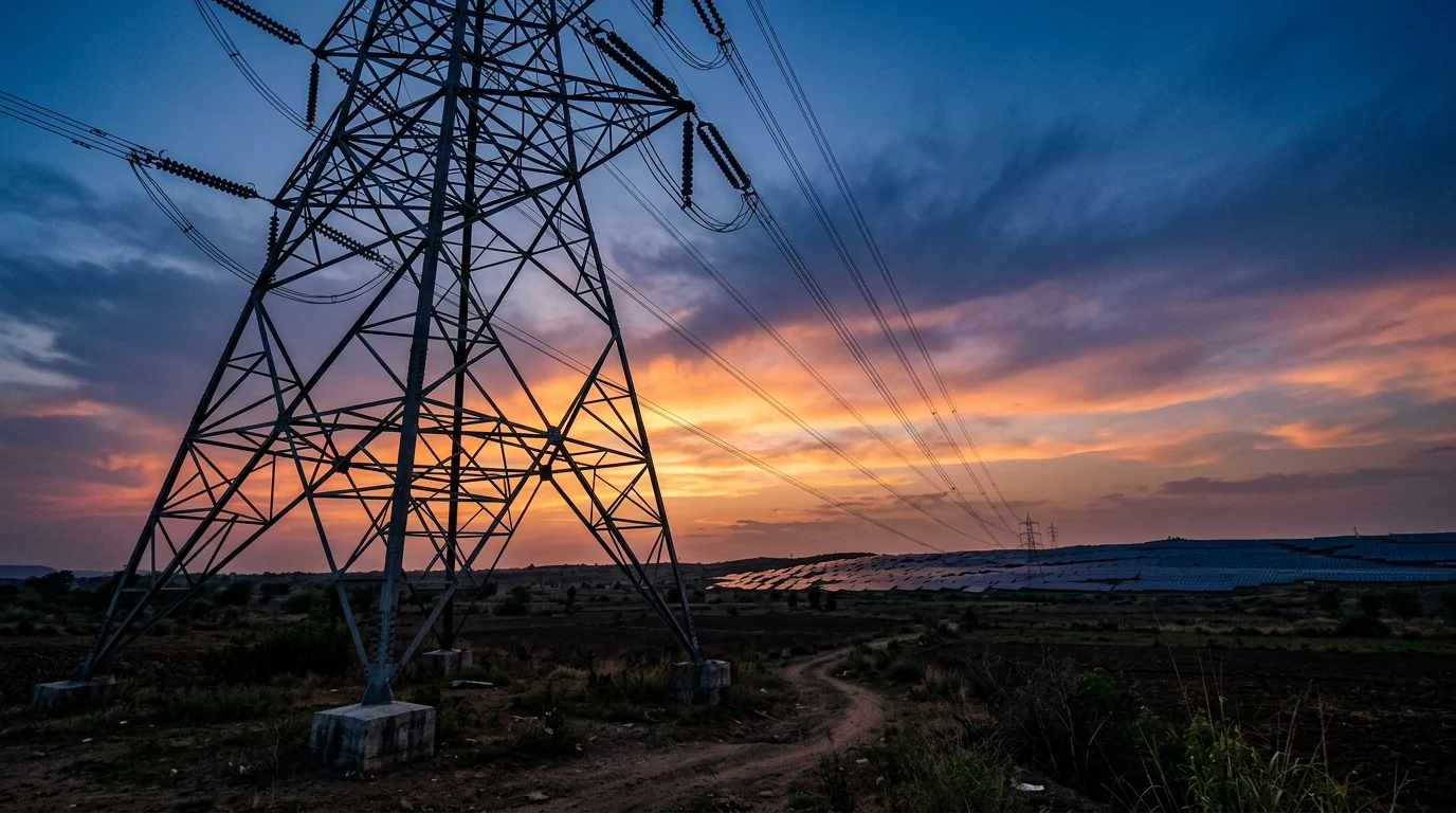 High-voltage transmission tower with power lines running toward a distant utility-scale solar plant in India at dusk.