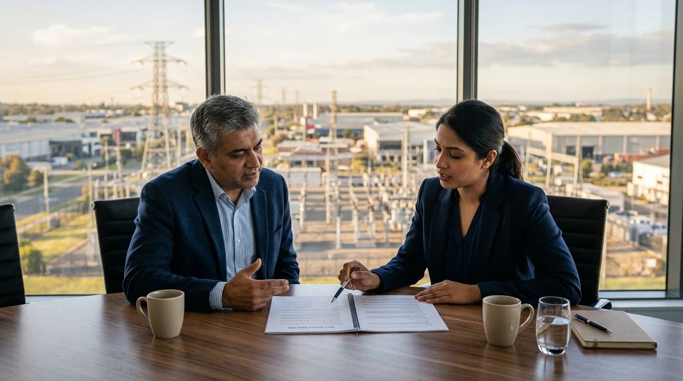 Indian factory owner and a solar advisor in a corporate meeting room reviewing a printed open-access solar PPA document.