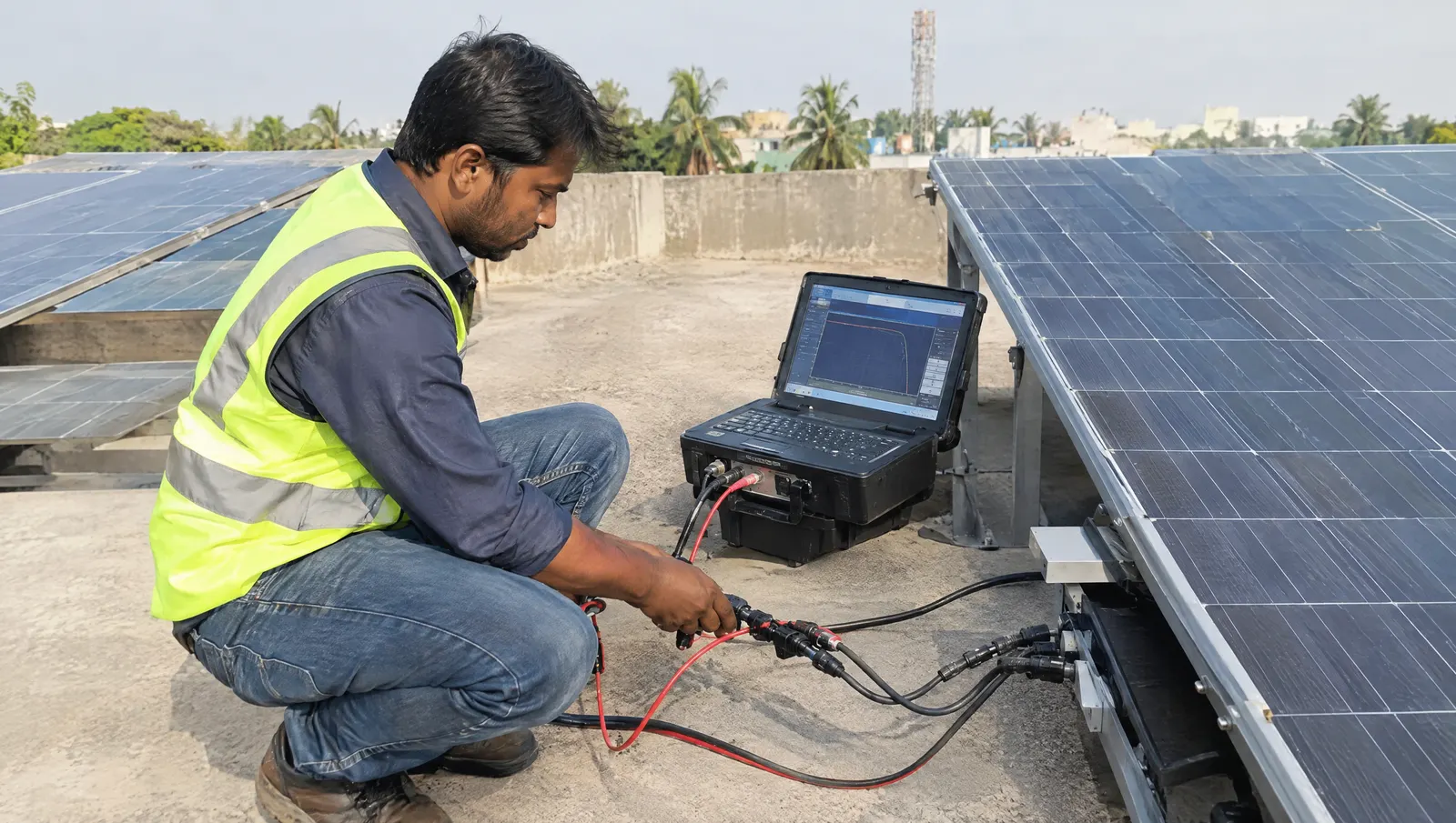 Technician testing a rooftop string with an I-V curve tracer to compare measured output against the commissioning baseline.