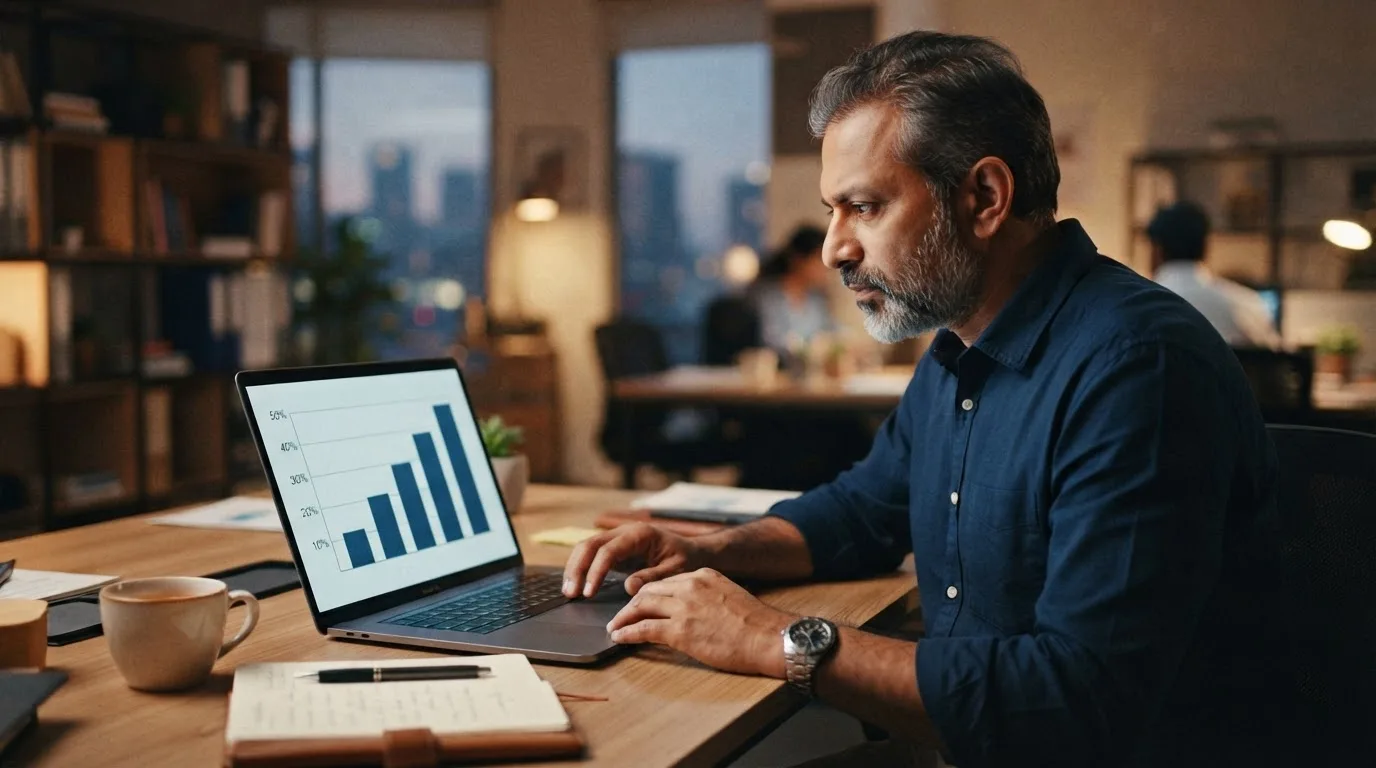 A business owner reviewing tariff-escalation projections on a laptop before signing a long-term solar PPA.