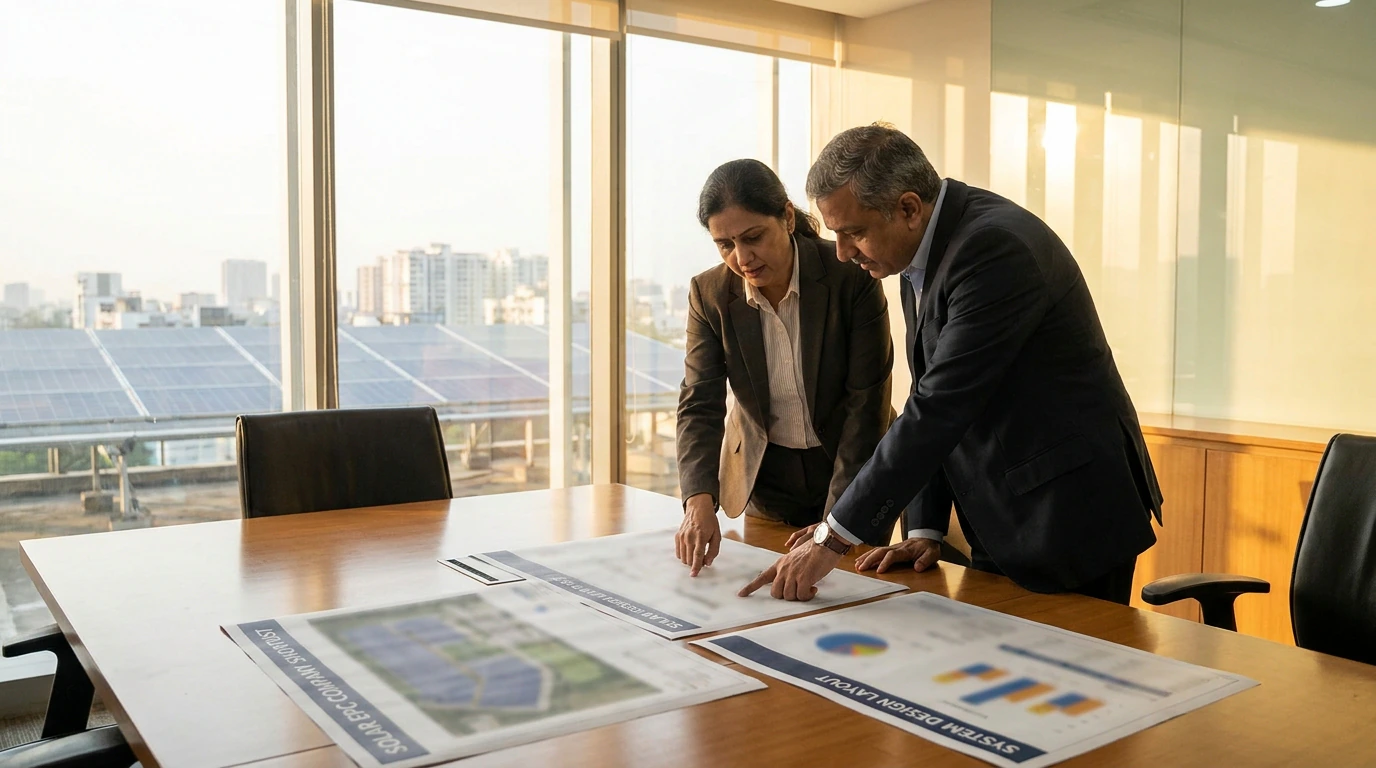 Two business decision makers in a corporate boardroom reviewing a solar EPC shortlist.