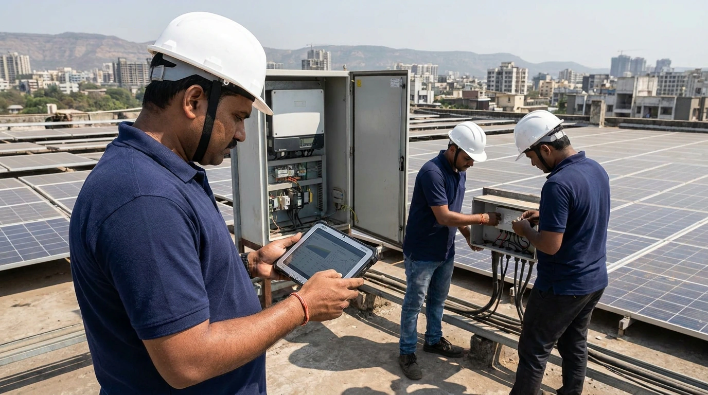PowerMore installation team commissioning a rooftop solar plant.