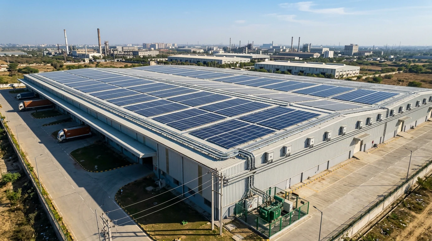 Aerial view of a large Indian commercial warehouse rooftop in Gurgaon / Manesar with extensive rooftop solar installation.