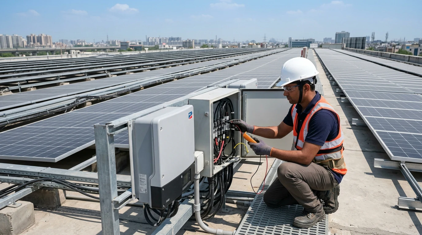 Indian solar EPC engineer in a navy polo inspecting a string inverter and DC combiner box on a large commercial rooftop in the Delhi NCR region.