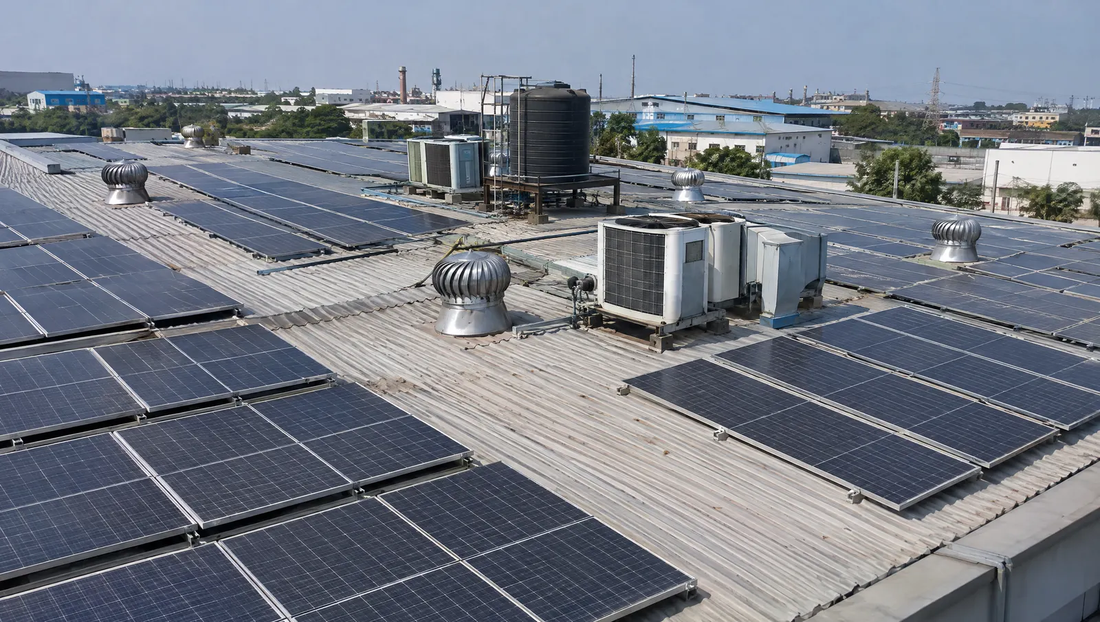 Monofacial solar modules on an Indian factory's metal shed roof, with usable area limited by ventilators, a water tank and HVAC units.