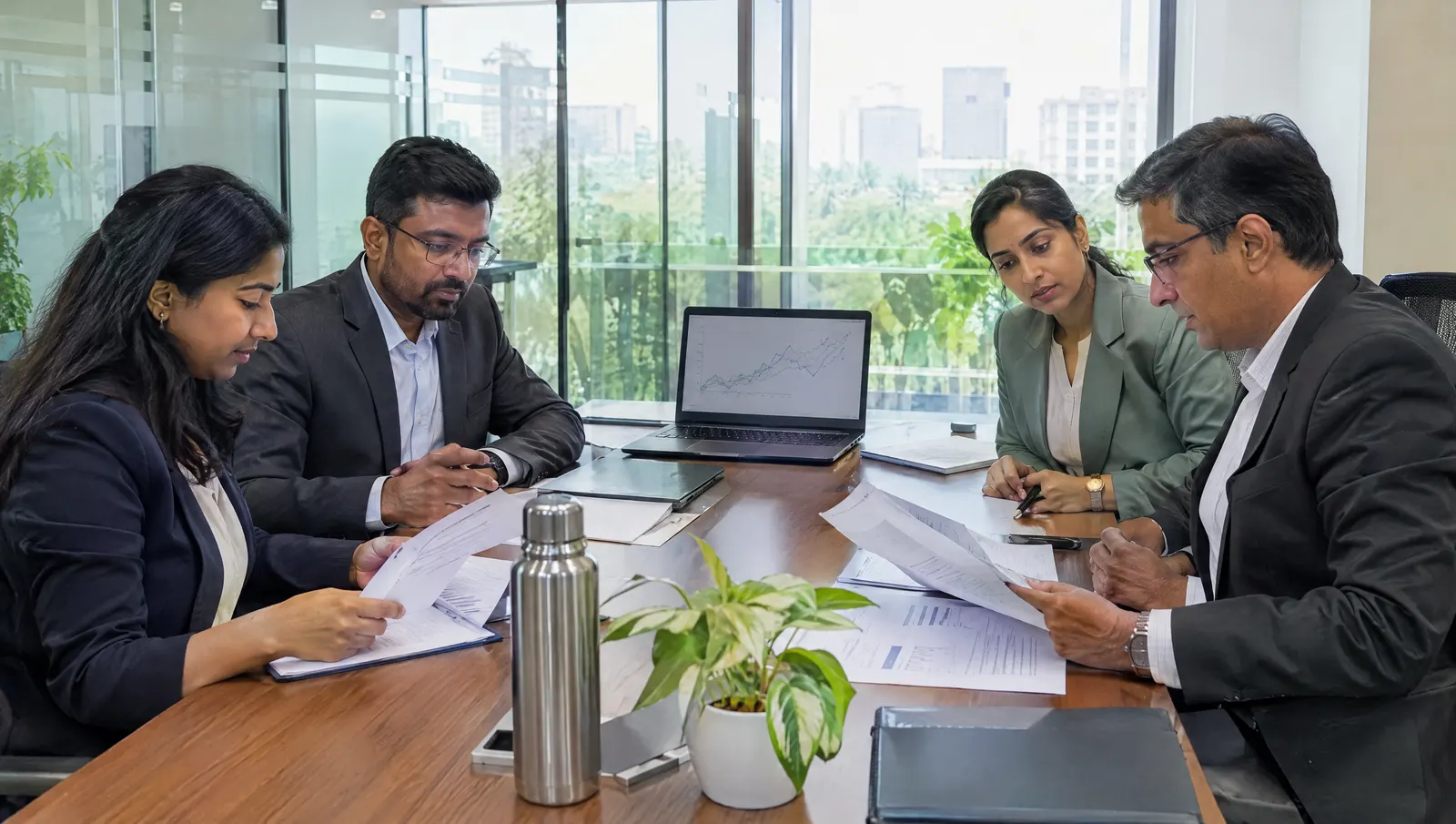 Finance and sustainability team at an Indian company reviewing a long-term renewable energy contract.