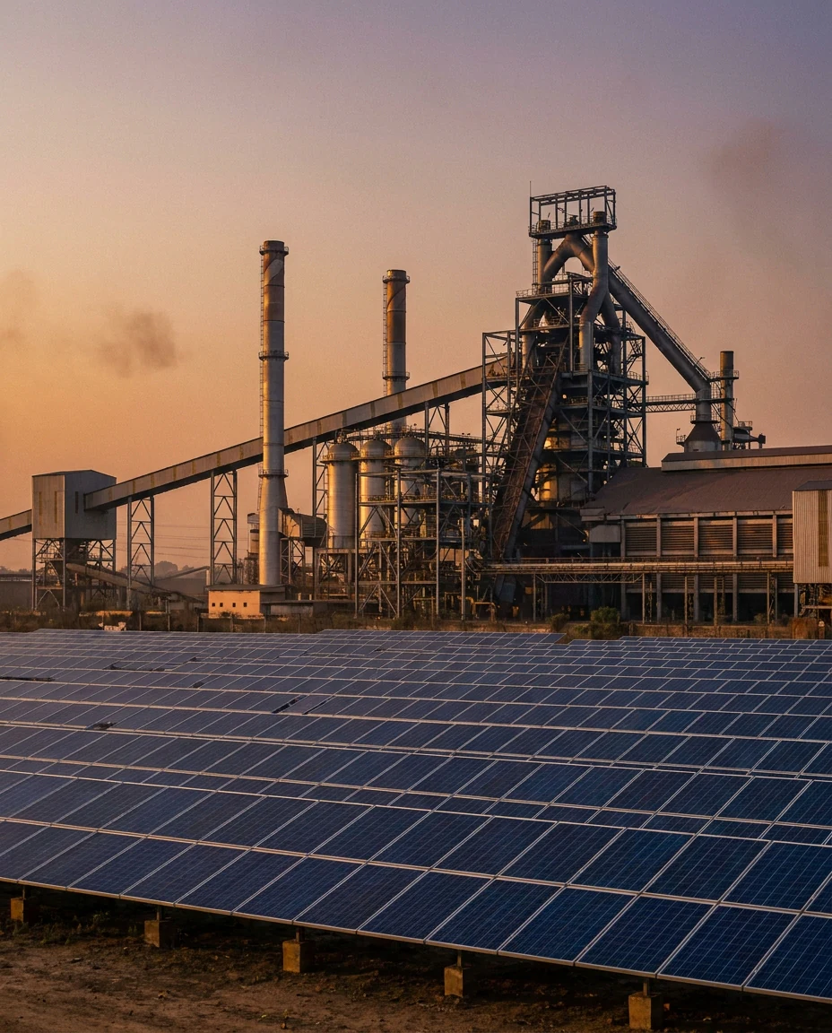 Steel plant with captive ground-mounted solar farm in the foreground