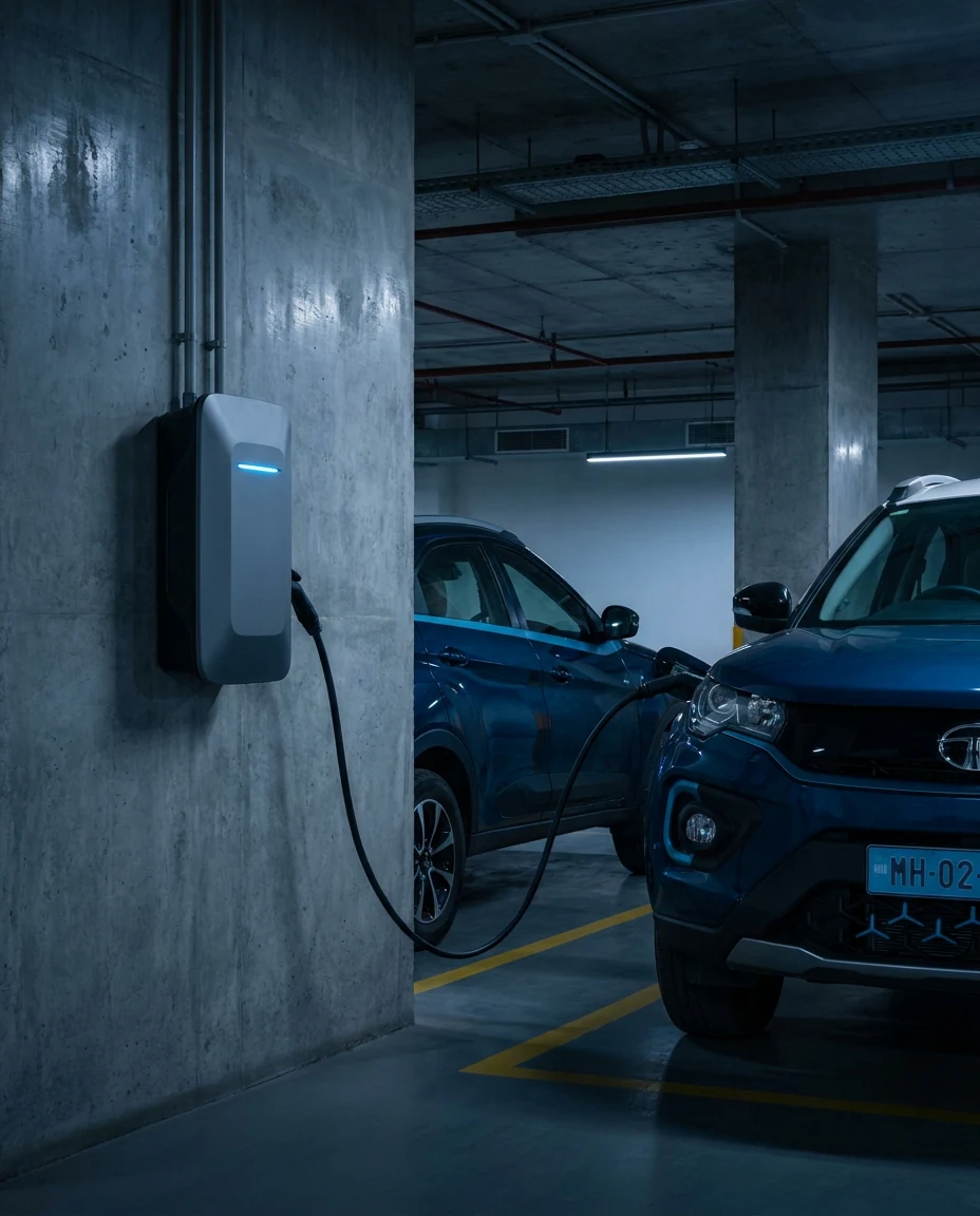 AC wall-mounted EV charger in an Indian corporate parking