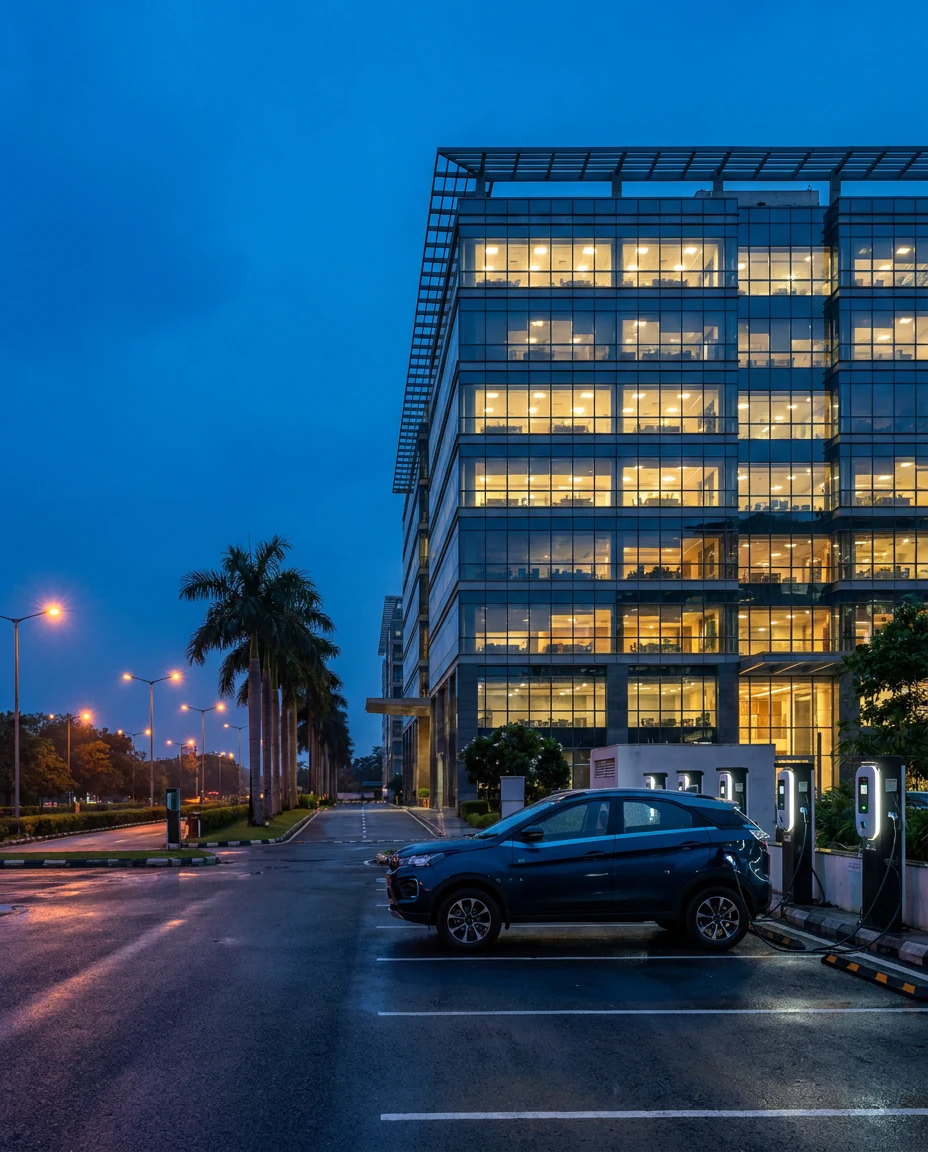Indian corporate campus with EV chargers in visitor parking at blue hour