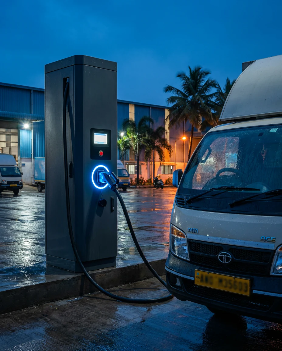 DC fast EV charger pillar at a fleet depot at blue hour