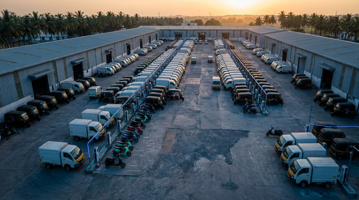 Indian electric fleet at a charging plaza at dusk