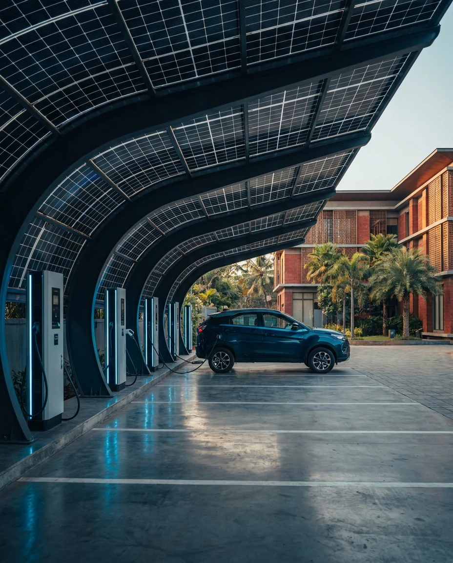 Solar carport canopy over EV chargers at an Indian corporate campus