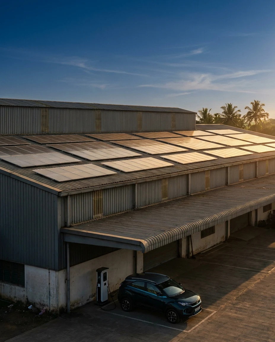 Solar panels powering EV chargers at an Indian commercial building