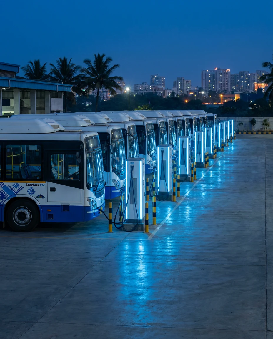 Electric buses charging at an ultra-fast bus depot