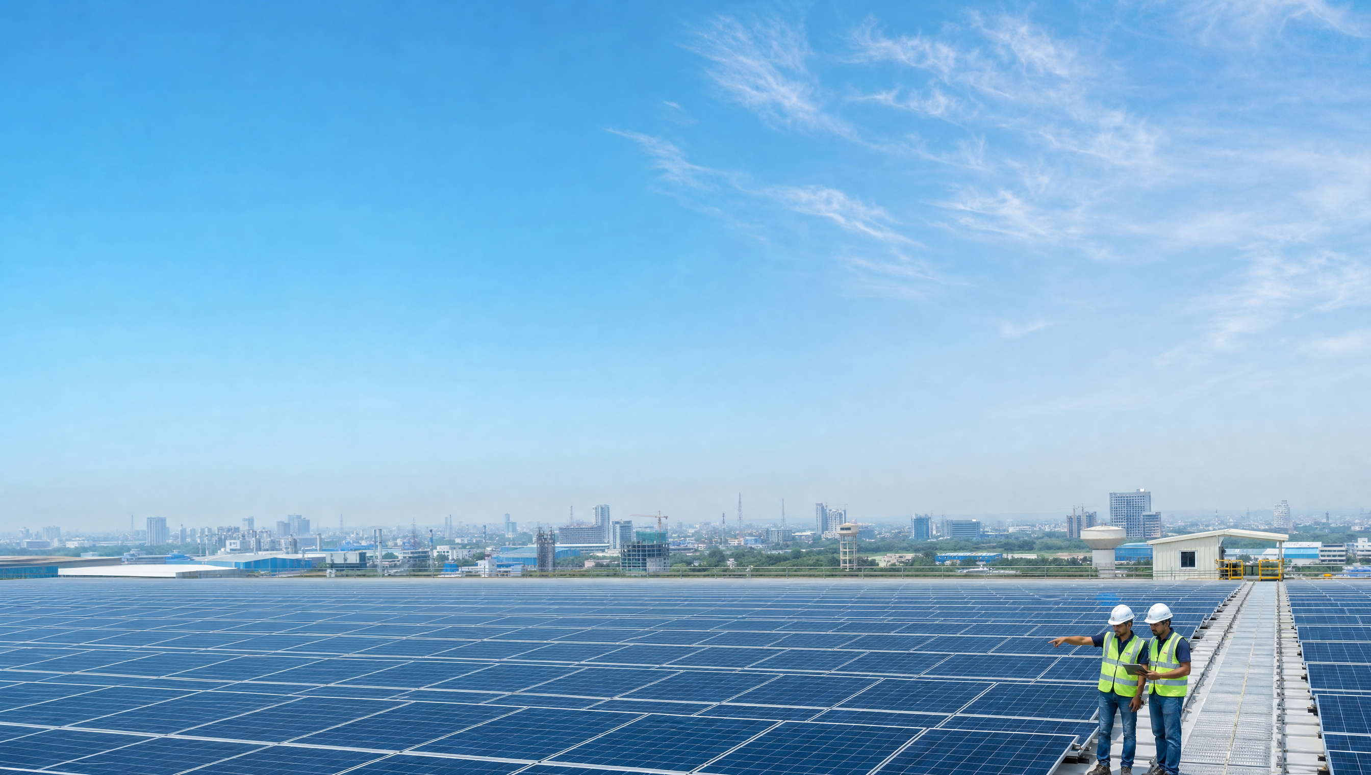Indian engineers inspecting a vast commercial rooftop solar installation