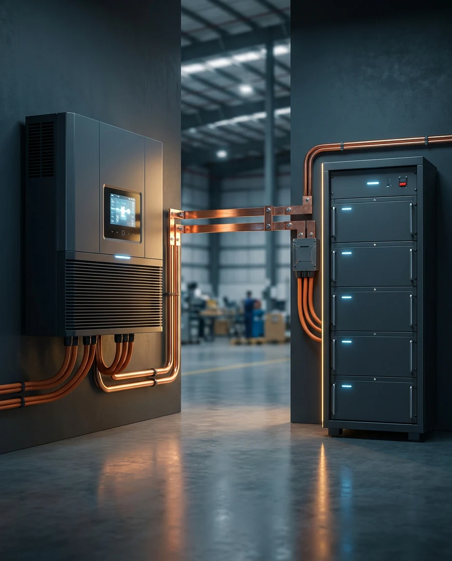 Hybrid inverter and LFP battery rack installed side-by-side at an Indian C&I facility
