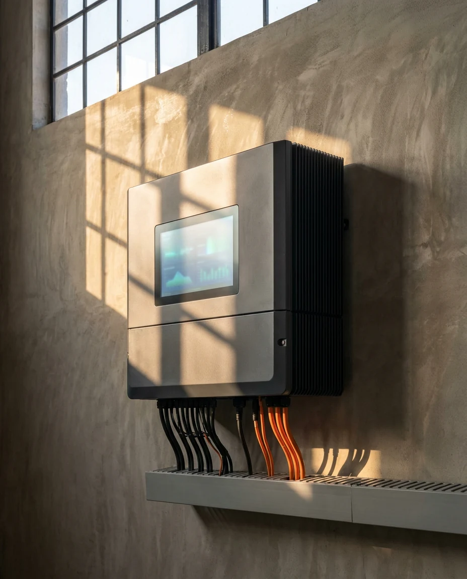 Commercial on-grid string inverter mounted on an Indian factory wall