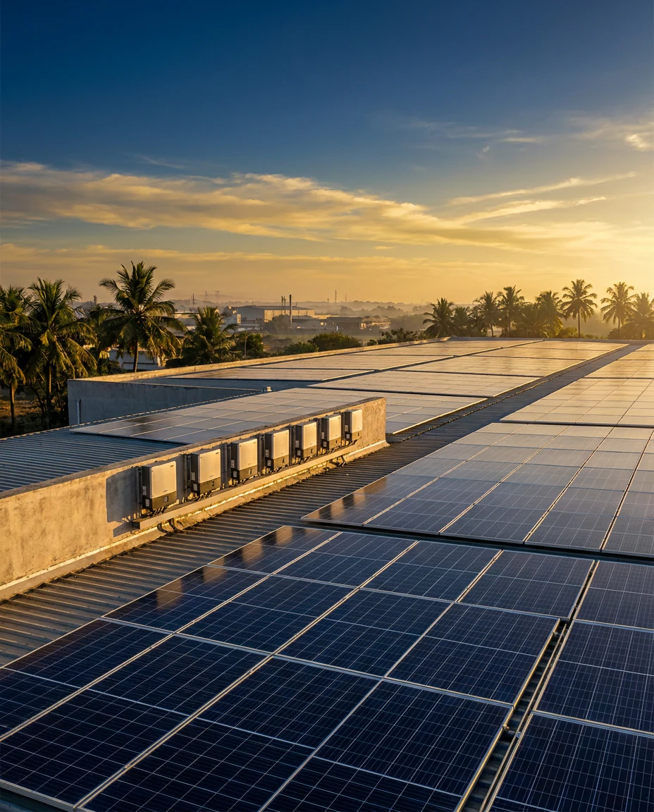 Indian commercial rooftop solar plant with string inverters mounted on a parapet wall at golden hour