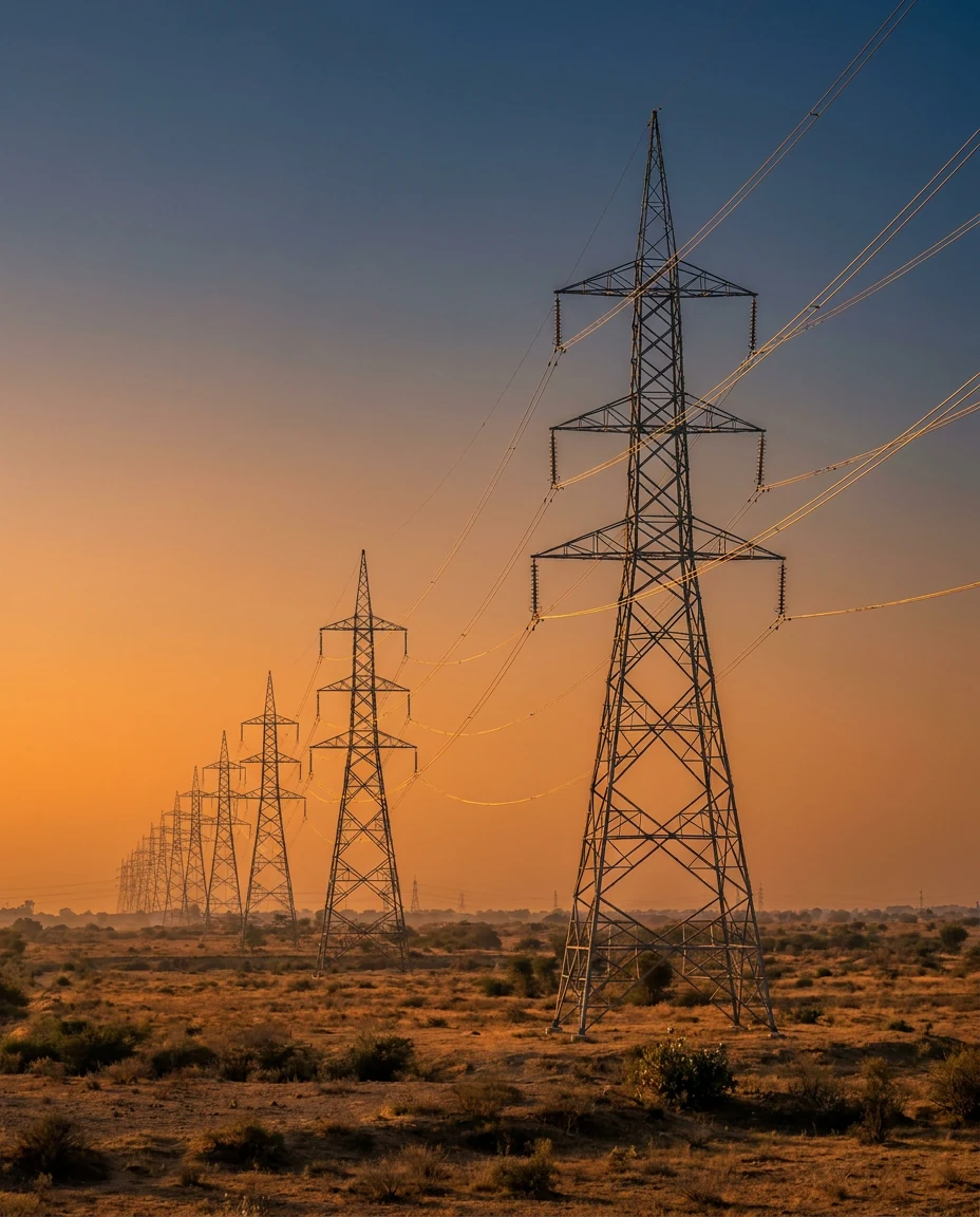 Indian high-voltage transmission lines crossing semi-arid landscape at golden hour