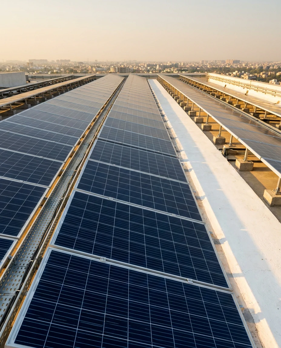 Indian factory rooftop covered in solar panels under afternoon sun