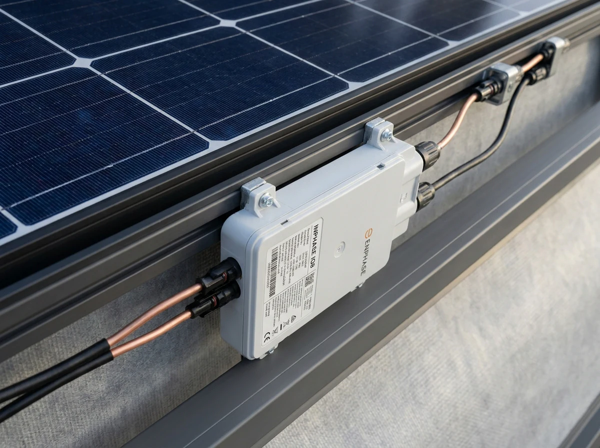 Enphase IQ8 microinverter mounted on the rear of a solar panel