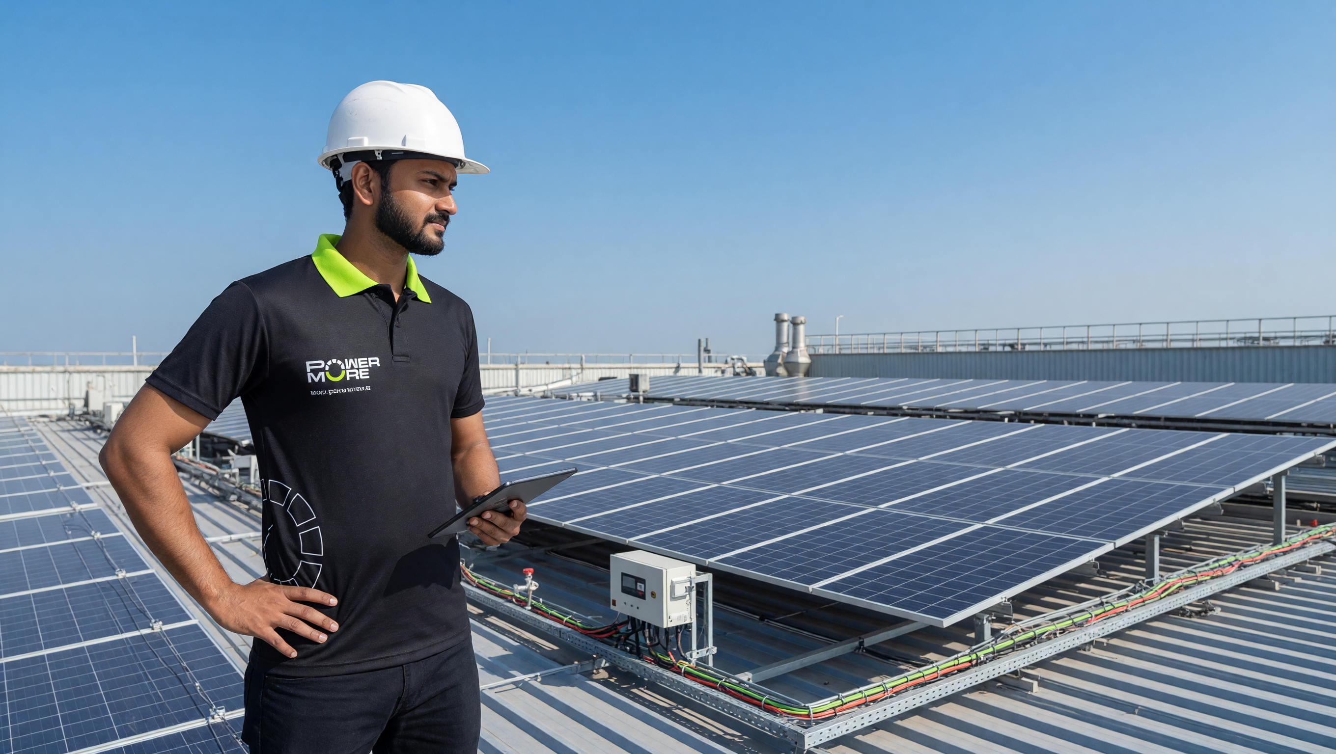 Powermore engineer inspecting a commercial rooftop solar installation