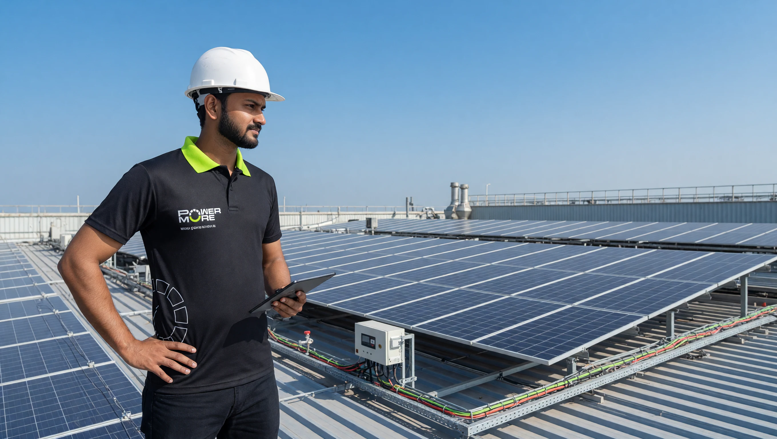 Powermore engineer inspecting a commercial rooftop solar installation